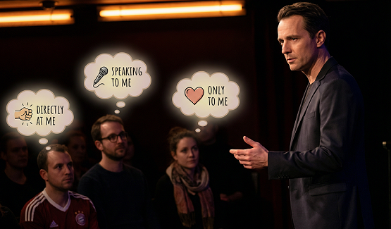 Drei Publikumsmitglieder glauben alle, der
Performer spricht nur mit ihnen Publikumsansprache 