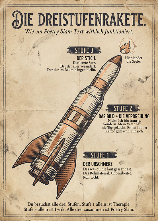 Dreistufenrakete Vintage-Raketen-Diagramm: „Die Dreistufenrakete"
(Urschmerz → Bild + Verdrehung → Der Stich) Poetry Slam heilt deine Seele