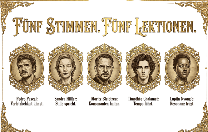 Fünf Stimmen-Photoroom Eine Infografik mit den Gesichtern von Sandra
Hüller, Tupac Shakur und Christopher Walken. Aussprachetraining