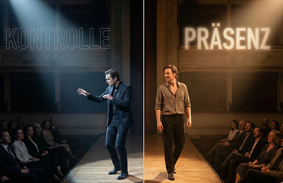 Kontrolle Präsenz Split-Bild: Kontrolle (technisch perfekt, Publikum höflich)
vs. Präsenz (aufgehört zu denken, Publikum lehnt sich vor). Poetry Slam Psychologie