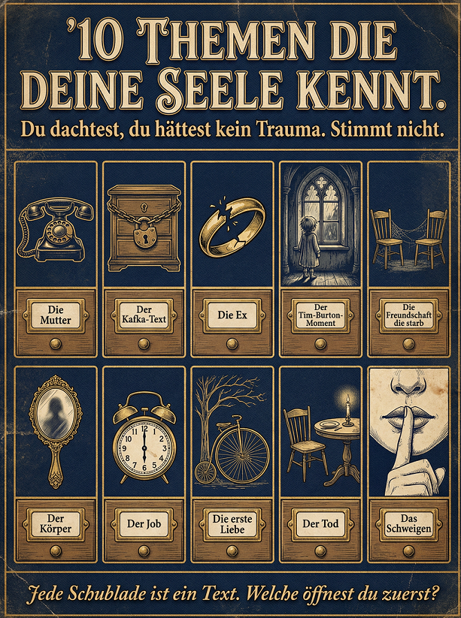 Schublade Seele Vintage-Bibliothekskatalog: „10 Themen die deine
Seele kennt" (10 Schubladen mit Illustrationen )