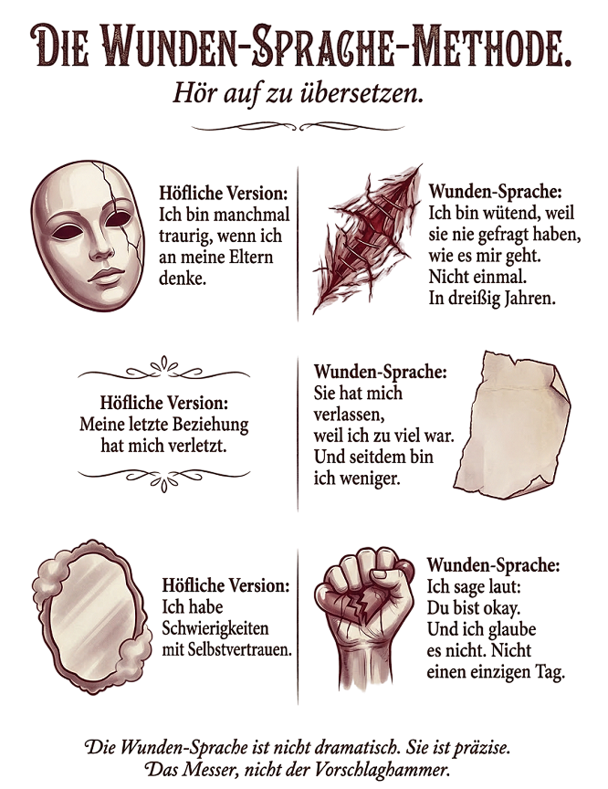 Wunden Sprachen-Photoroom Vintage-Poster: „Die Wunden-Sprache-Methode. Poetry Slam heilt deine Seele