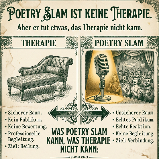 keine Therapie Vintage-Vergleichsposter: „Poetry Slam ist keine
Therapie. Aber er tut etwas, das Therapie nicht kann.