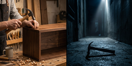 Ein Hammer ist ein Mordinstrument und ein Möbelbauwerkzeug – je nachdem, wer ihn hält und warum.

