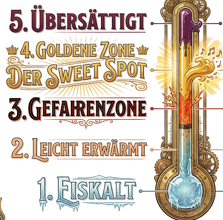 Vintage-Thermometer-Infografik: 5 Positionen
von Eiskalt bis Übersättigt. Position 4 golden
hervorgehoben: DER SWEET SPOT. Gruppendynamik 
