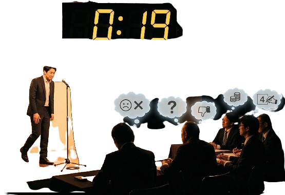 Performer betritt die Bühne, Timer zeigt 0:19,
Jury-Gedankenblasen formen sich bereits