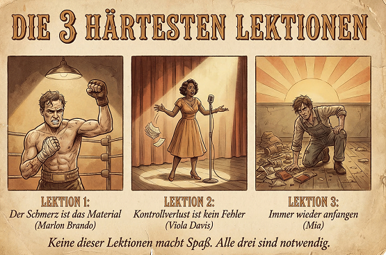 Vintage-Poster: Lektion 1 (Marlon Brando / Schmerz), Lektion 2 (Viola Davis / Kontrollverlust), Lektion 3 (Mia / immer wieder anfangen)