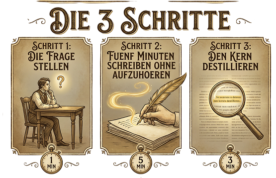 Vintage-Lernposter: Schritt 1 (Frage stellen ) / Schritt 2
(5 Min. schreiben) / Schritt 3 (Kern destillieren). Mit Stoppuhren. Themen finden
