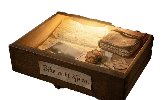 Holzschublade halb offen, goldenes Licht strömt heraus.
Drin: ungesendeter Brief, Foto umgedreht 