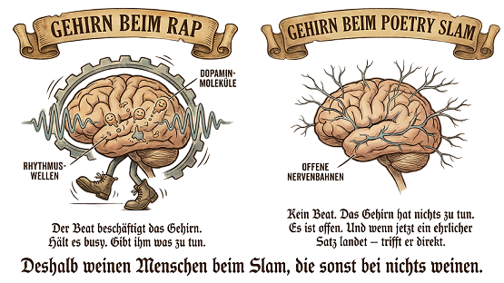 Vintage-Neurowissenschafts-Poster „GEHIRN BEIM RAP" Unterschied Rap und Poetry Slam