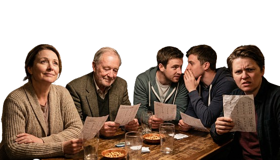 Fünf Jury-Mitglieder im Pub: die ehemalige
Lyrikerin, der ältere Herr, die zwei Moderator-
Freunde, und der Verwirrte Wie funktioniert ein Poetry Slam Wettbewerb?