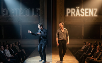 Split-Bild: Kontrolle (technisch perfekt, Publikum höflich) vs. Präsenz (aufgehört zu denken, Publikum lehnt sich vor). Poetry Slam Psychologie