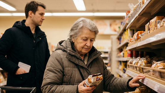 Supermarkt. Alte Frau stellt Kekspackung zurück –
nicht weil zu teuer, sondern weil sie alleine lebt. Themen finden
