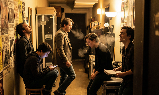 Backstage-Korridor: 5 Performer, jeder nervös
auf seine Art. Einer hat gerade etwas gesagt.
Die anderen atmen aus. Das kollektive
Ausatmen. Gruppendynamik 