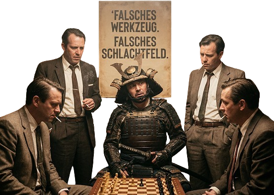 Samurai mit Katana sitzt am Schachturnier. Unterschied Rap und Poetry Slam