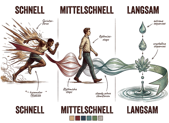Vintage-Musiktheorie-Infografik: Sprinter
(SCHNELL), Gehender (MITTELSCHNELL),
Wassertropfen in Zeitlupe (LANGSAM). Als
physische Kräfte dargestellt.  Rhythmuswechsel