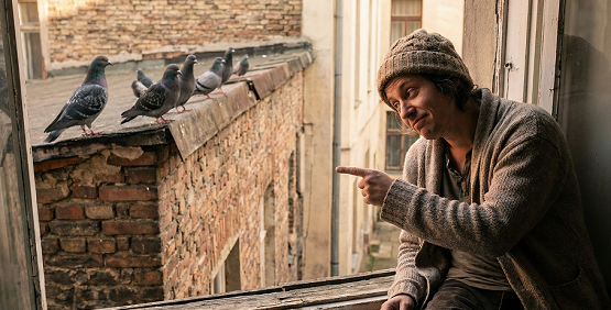 Person zählt Tauben auf dem Dach gegenüber. Notizbuch
daneben: leer. Die Tauben schauen zurück mit milder Missbilligung. Themen finden