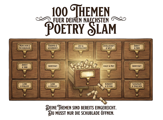 Vintage-Bibliothekskatalog-Poster: Karteikasten mit
Schubladen, jede beschriftet mit einer Kategorie. Eine Schublade offen, goldenes Licht
und Schriftrollen quellen heraus. Themen finden