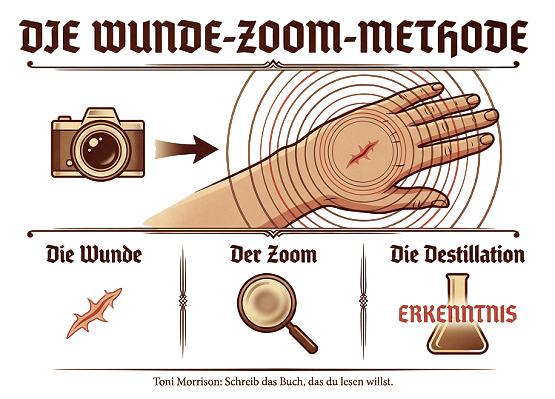 Vintage-Poster „Die Wunde-Zoom-Methode" auf Deutsch  Slam auf Social Media