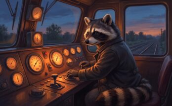 Waschbär trägt abends eine Zeile in ein kleines schwarzes Heft ein – Bild zu 100 auftritte