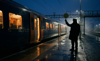 Silhouette einer Person am Bahnsteig, die eine runde Signalscheibe hebt, daneben ein Zug mit schließenden Türen