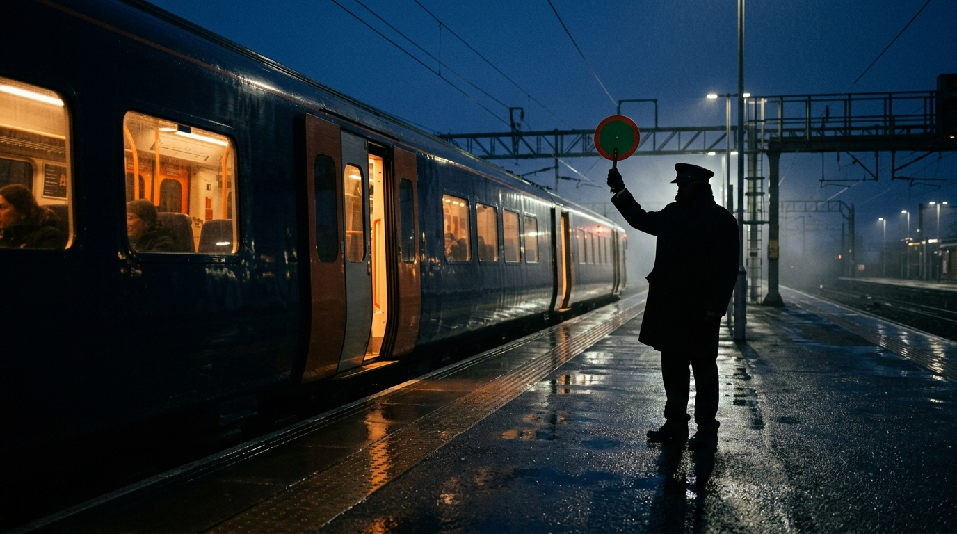 Silhouette einer Person am Bahnsteig, die eine runde Signalscheibe hebt, daneben ein Zug mit schließenden Türen