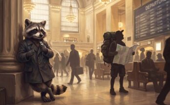Anfängerfehler Poetry Slam: der Waschbär erkennt in der Bahnhofshalle den einen Touristen mit Riesenrucksack und Faltkarte sofort