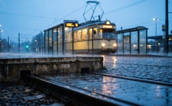 Ein Bahnsteig endet am Bahnhofsvorplatz, dahinter wartet im Regen eine beleuchtete Straßenbahn