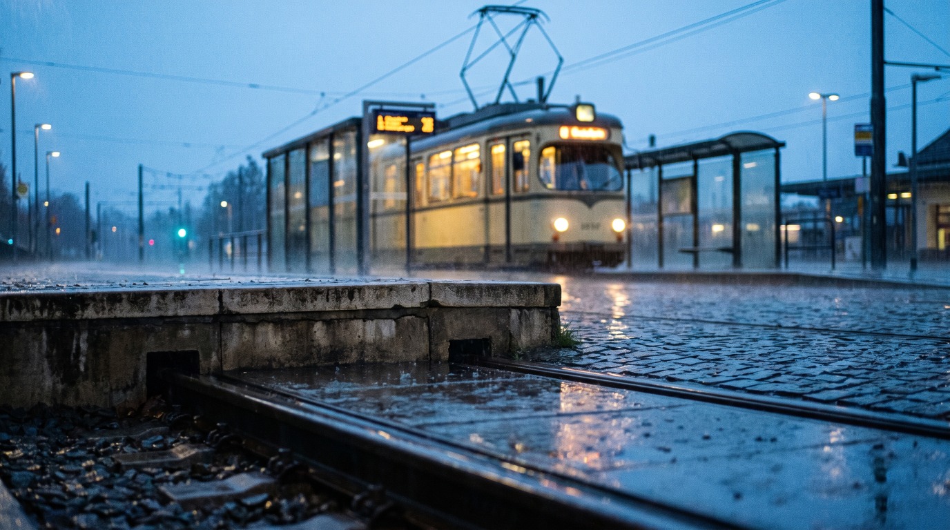 Ein Bahnsteig endet am Bahnhofsvorplatz, dahinter wartet im Regen eine beleuchtete Straßenbahn