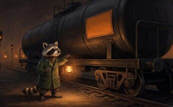Auftritt ruinieren: der Waschbär steht nachts mit einer Laterne vor einem schwarzen Kesselwagen mit oranger Gefahrguttafel