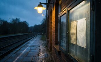 Ein Schaukasten mit zwei Aushängen hinter beschlagenem Glas an einem leeren Bahnsteig in der Dämmerung