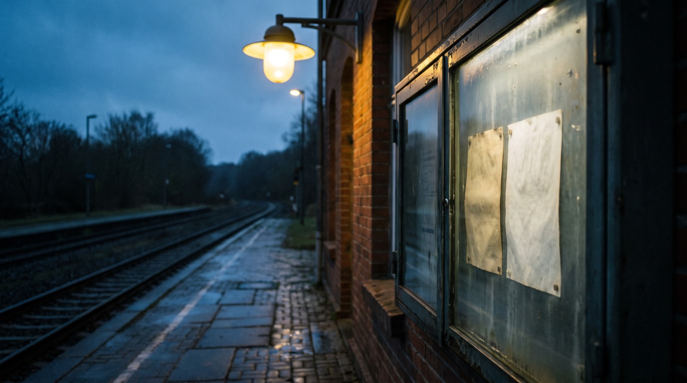 Ein Schaukasten mit zwei Aushängen hinter beschlagenem Glas an einem leeren Bahnsteig in der Dämmerung