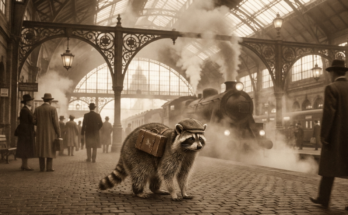 Ich verstehe nur Bahnhof Bedeutung: Waschbär mit altem Koffer in historischer Bahnhofshalle