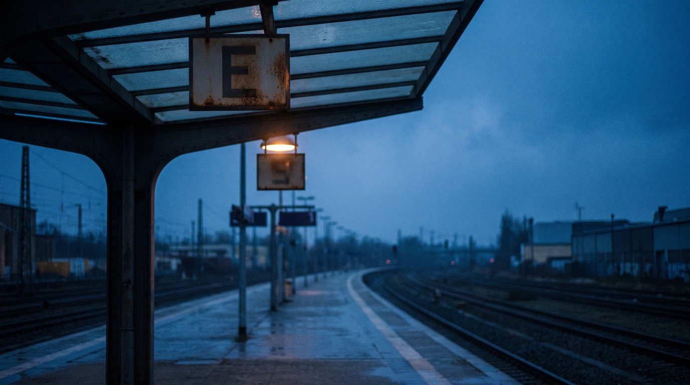 Ein verwittertes Buchstabenschild hängt vom Bahnsteigdach, dahinter verliert sich der leere Bahnsteig in der Dämmerung