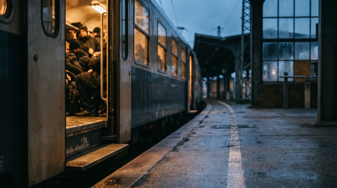 Eine offene Zugtür am Bahnsteig in der Dämmerung, warmes Licht fällt auf nassen Beton