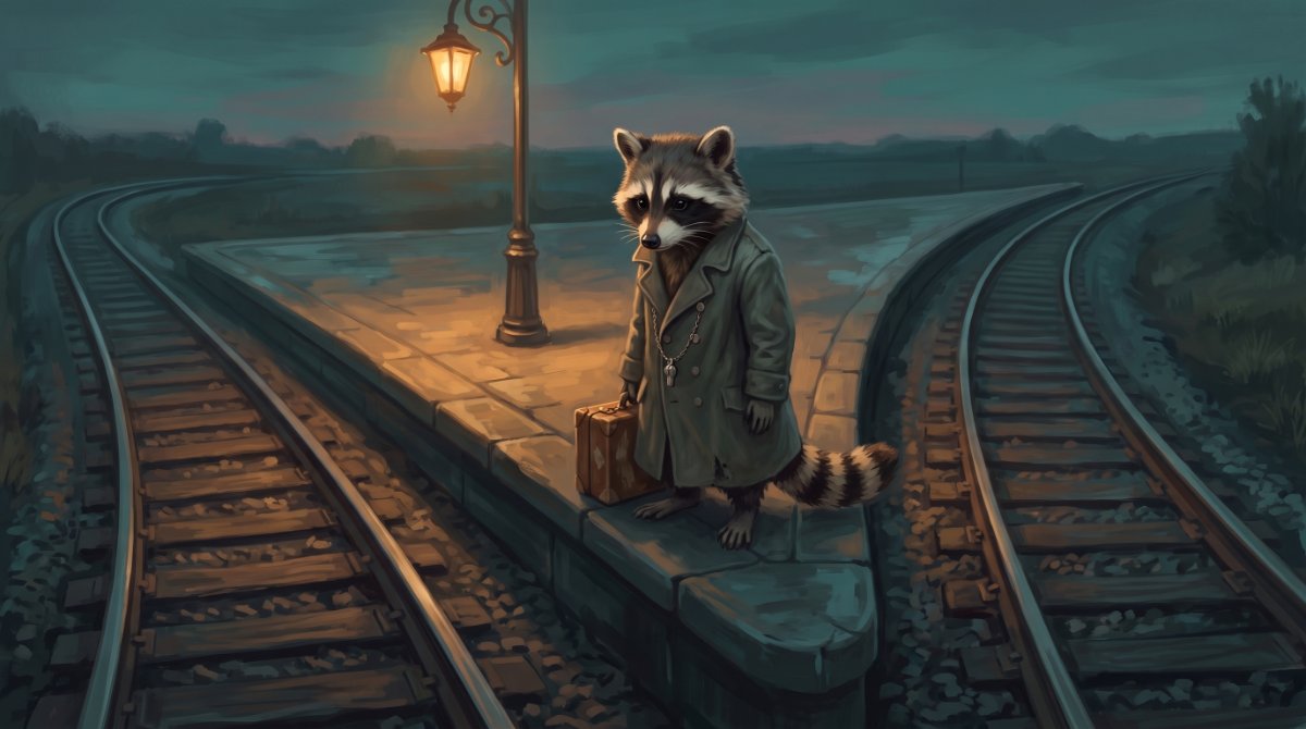 Waschbär steht an der Spitze eines Inselbahnsteigs, von dem drei Gleise in drei Richtungen führen