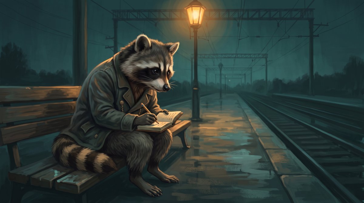 Waschbär sitzt nachts allein auf einer Bank am leeren Bahnsteig und schreibt in ein kleines Notizbuch