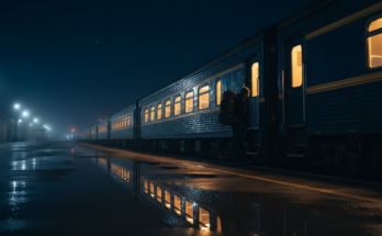 Ein Zug steht nachts am Bahnsteig, alle Türen geschlossen, davor die Silhouette eines Reisenden mit Tasche