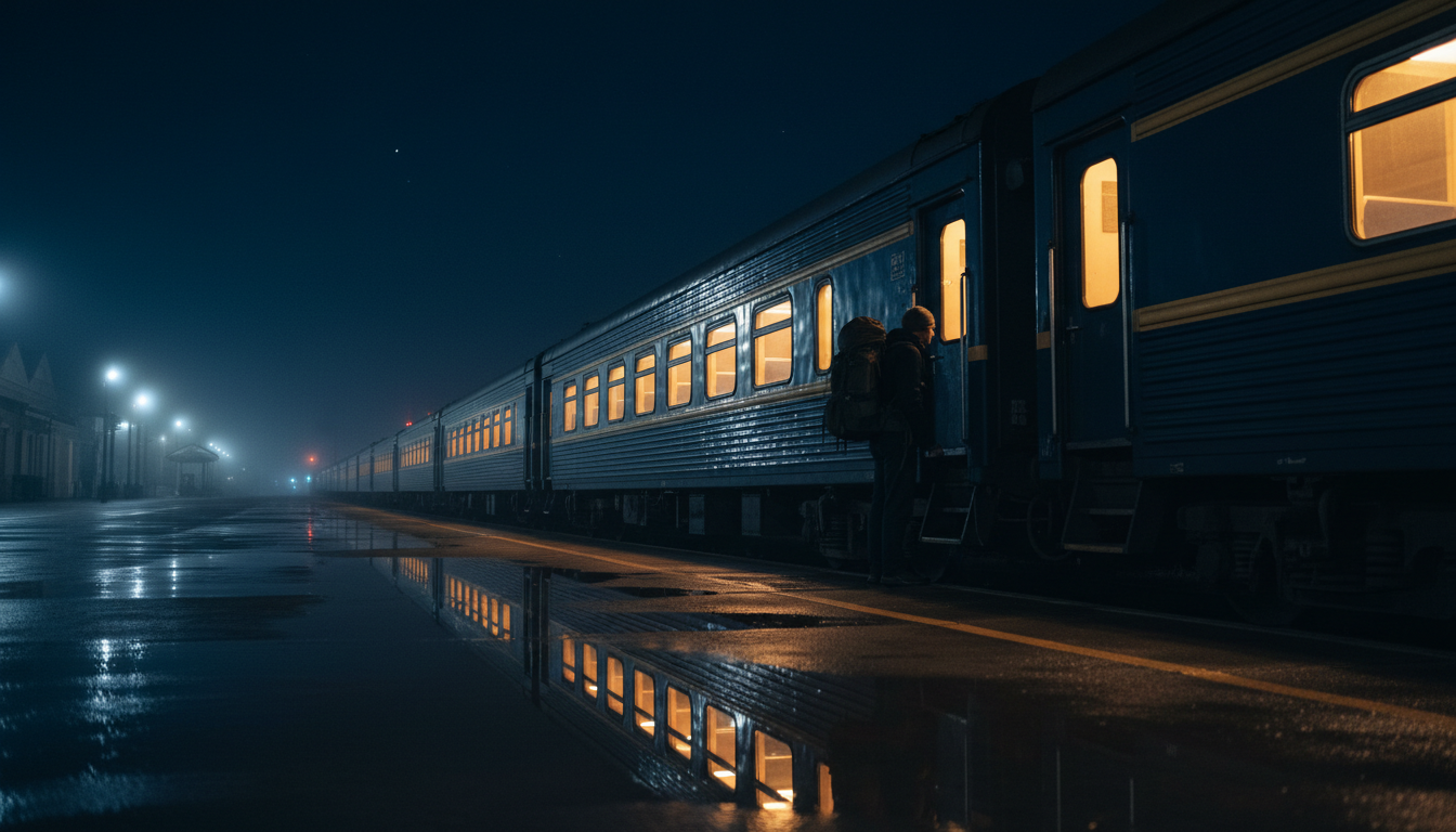 Ein Zug steht nachts am Bahnsteig, alle Türen geschlossen, davor die Silhouette eines Reisenden mit Tasche