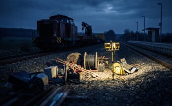 Eine nächtliche Gleisbaustelle im Scheinwerferlicht neben einem dunklen, leeren Bahnsteig