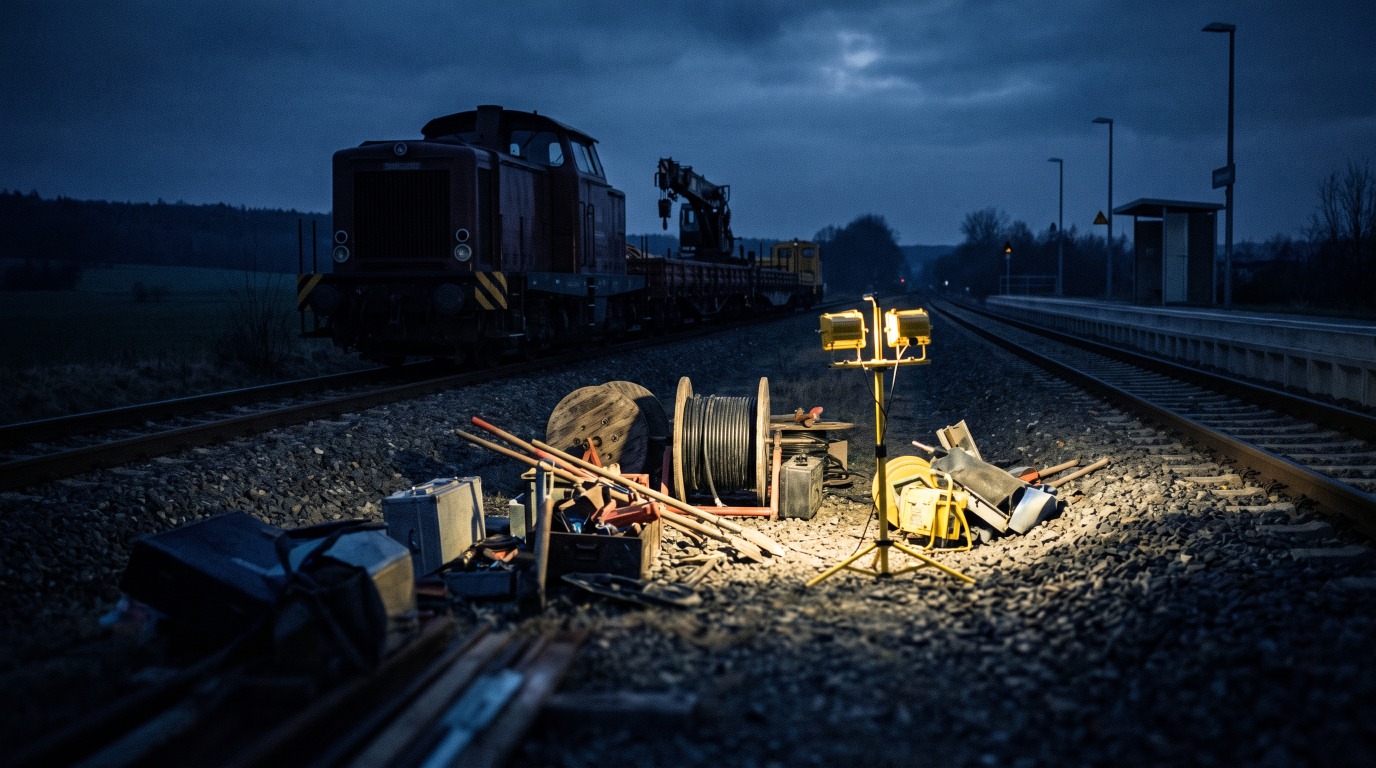 Eine nächtliche Gleisbaustelle im Scheinwerferlicht neben einem dunklen, leeren Bahnsteig