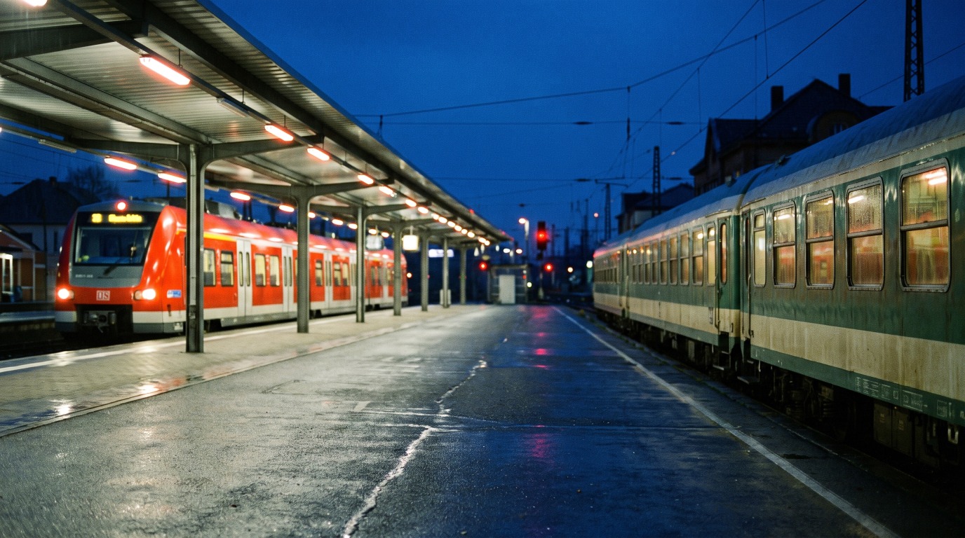 Zwei Regionalzüge verschiedener Betreiber stehen nebeneinander, einer hell und neu, einer älter und dunkler