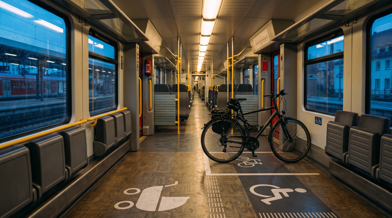 Leeres Mehrzweckabteil eines Regionalzuges mit einem angelehnten Fahrrad und markierten Stellflächen