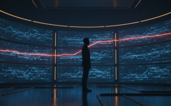 Silhouette eines Menschen vor einer Wand aus dunklen Monitoren mit leuchtenden Liniendiagrammen, eine Linie rot