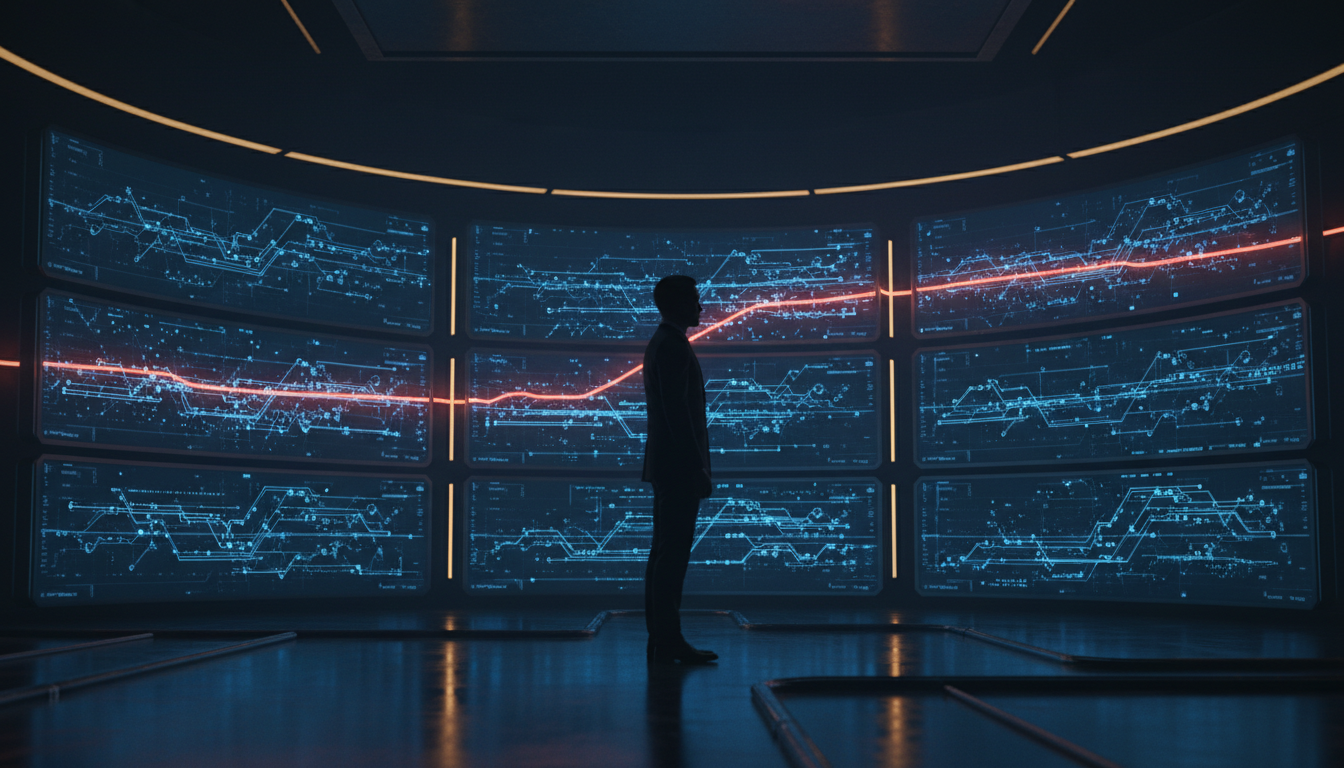 Silhouette eines Menschen vor einer Wand aus dunklen Monitoren mit leuchtenden Liniendiagrammen, eine Linie rot
