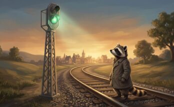 Erster Satz Text: der Waschbär steht am Gleis und schaut zu einem hohen Einfahrsignal hinauf, dessen Licht auf Fahrt steht