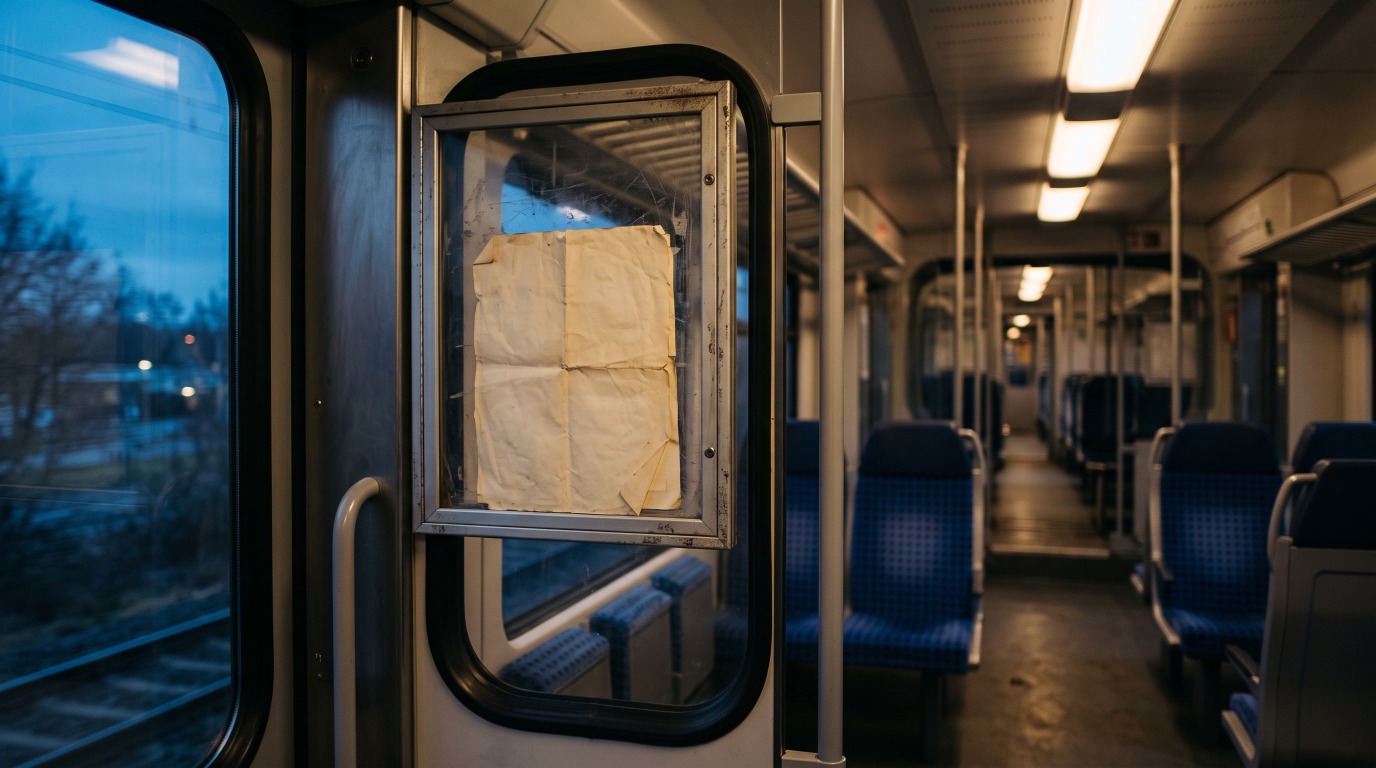 Ein abgegriffener Glasrahmen neben der Zugtür mit einem gefalteten, leeren Dokument darin