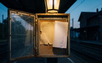 Ein geöffneter Schaukasten am Bahnsteig, in dem ein neues Blatt halb über ein älteres geschoben ist