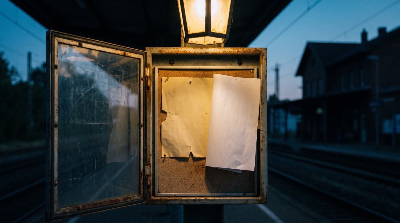 Ein geöffneter Schaukasten am Bahnsteig, in dem ein neues Blatt halb über ein älteres geschoben ist