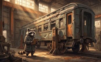 Fehler als Slammer: der Waschbär steht mit Klemmbrett in einer Werkhalle vor einem alten Waggon und notiert die Schäden